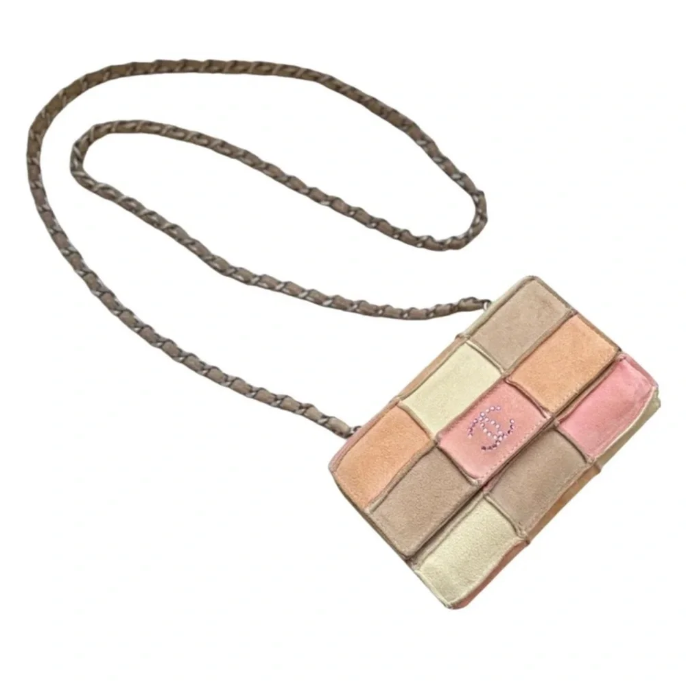 AUTH CHANEL PATCHWORK SUEDE MINI BAG CRYSTAL CC SILVER CHAIN RARE VINTAGE BOHO - Picture 5 of 17